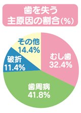 歯を失う主原因の割合：むし歯32.4％,歯周病41.8％,破折11.4％,その他14.4％